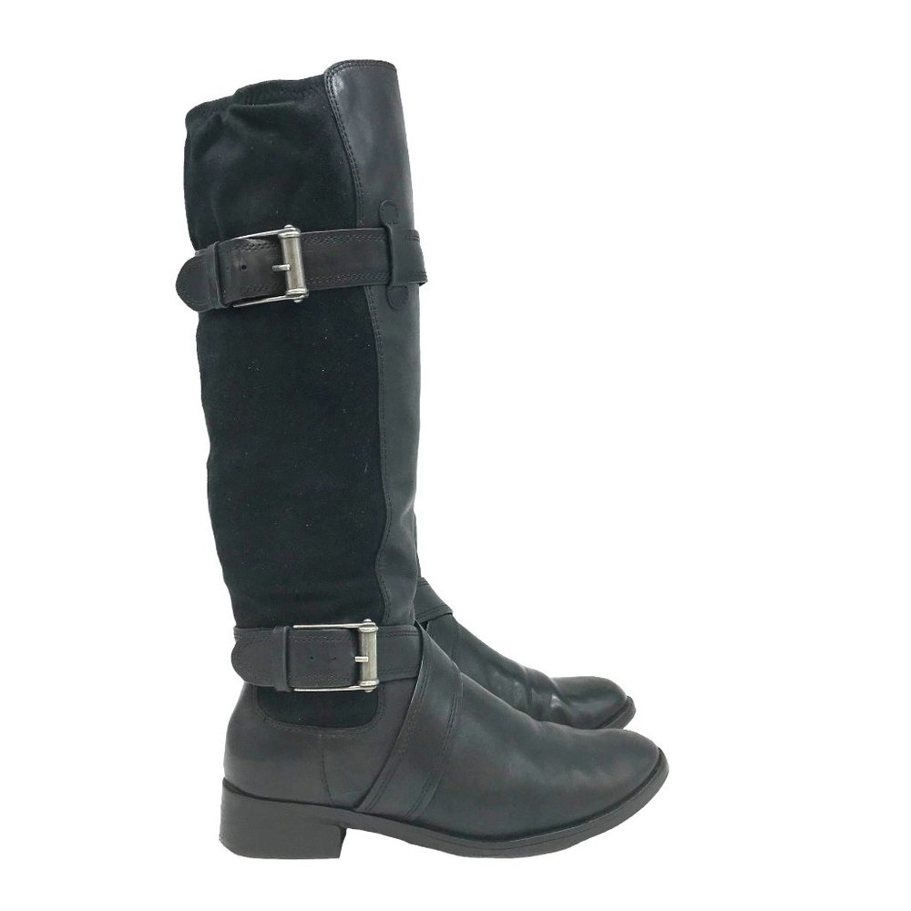 COLE HAAN Womens 7M Knee High Black Leather Riding Boots Fabric Stretch On Calf